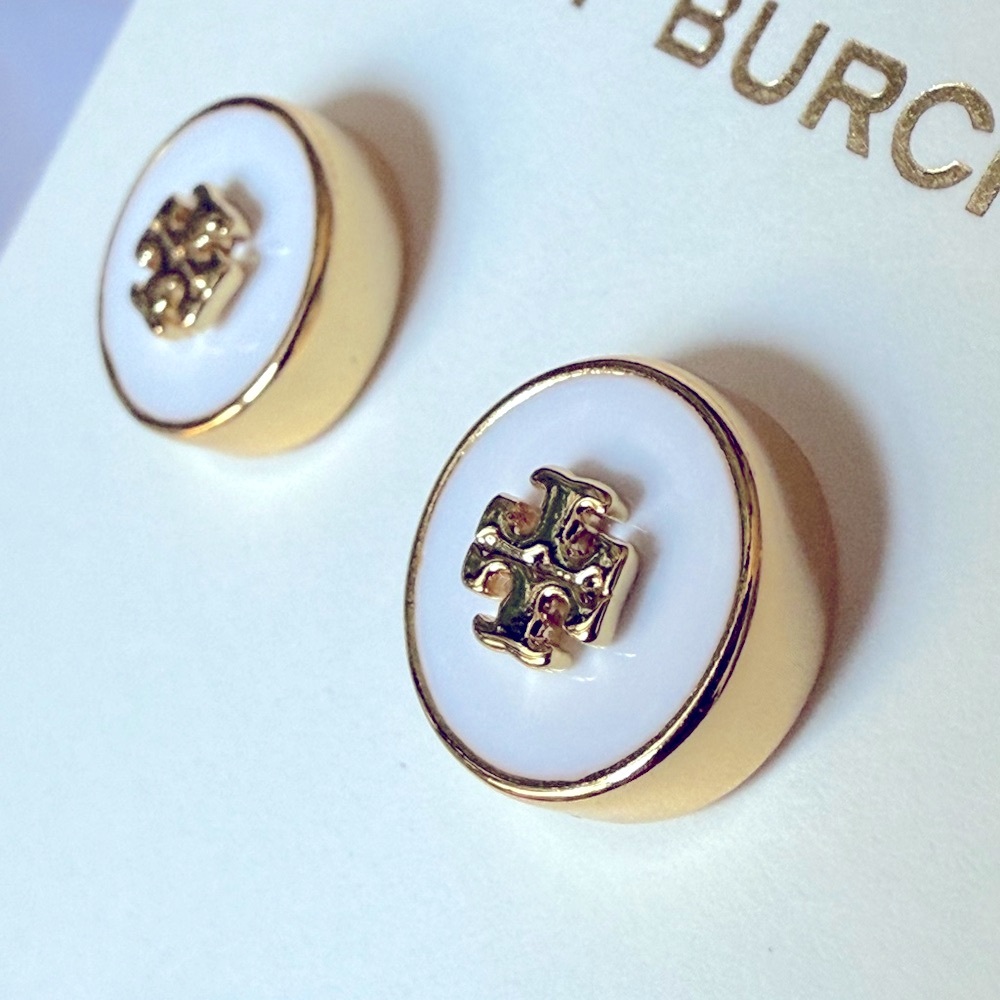 Tory Burch Semi Precious Ivory Mother of Pearl Gold Studs Earrings.